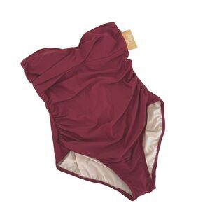 Kona Sol Women's Bandeau One Piece Swimsuit XL Burgundy Ruched Removable Straps